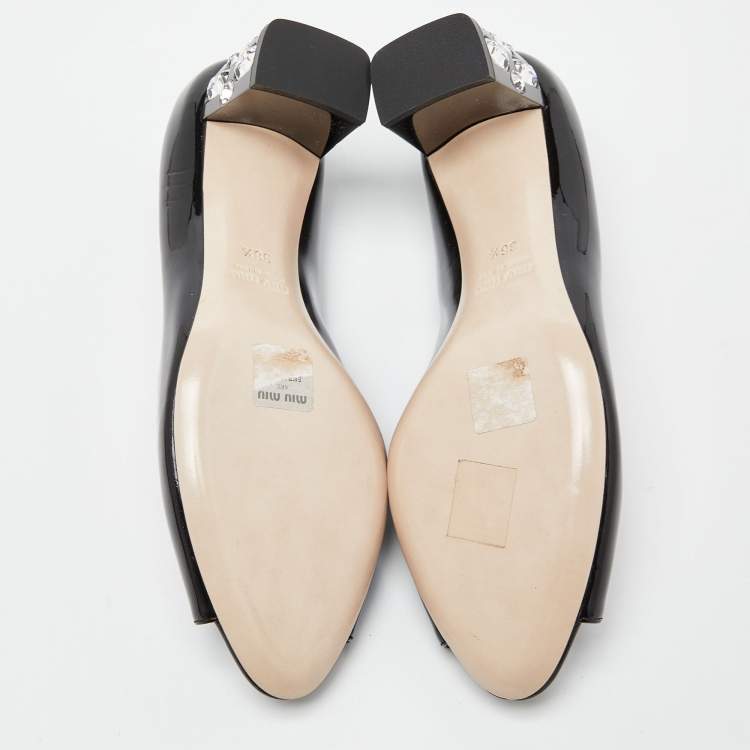 Pre Owned Miu Miu Black Patent Leather Peep Toe Embellished Block Heel Pumps Size 36.5