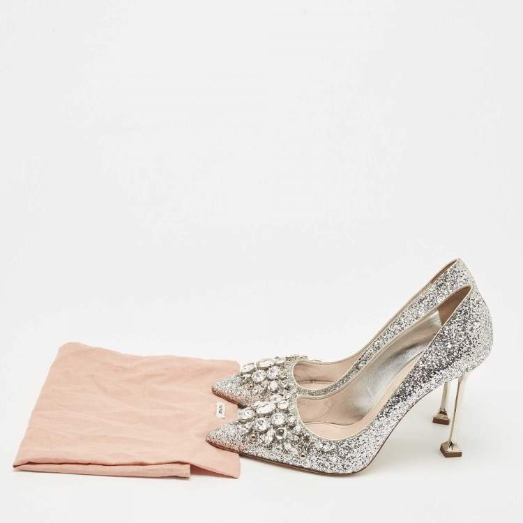 Pre Owned Miu Miu Silver Studded Glitter Pointed Toe Pumps Size 38.5
