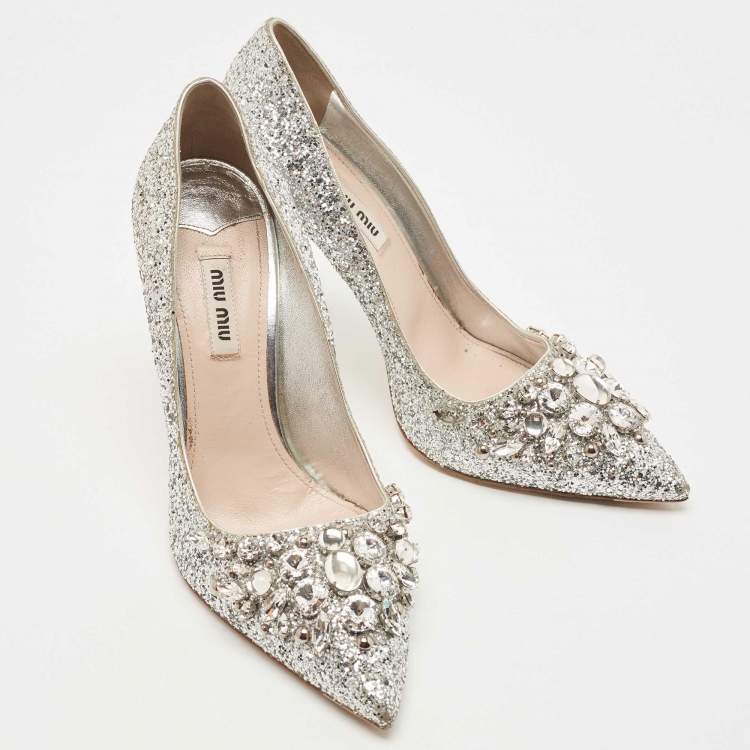 Pre Owned Miu Miu Silver Studded Glitter Pointed Toe Pumps Size 38.5