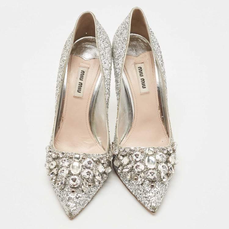 Pre Owned Miu Miu Silver Studded Glitter Pointed Toe Pumps Size 38.5