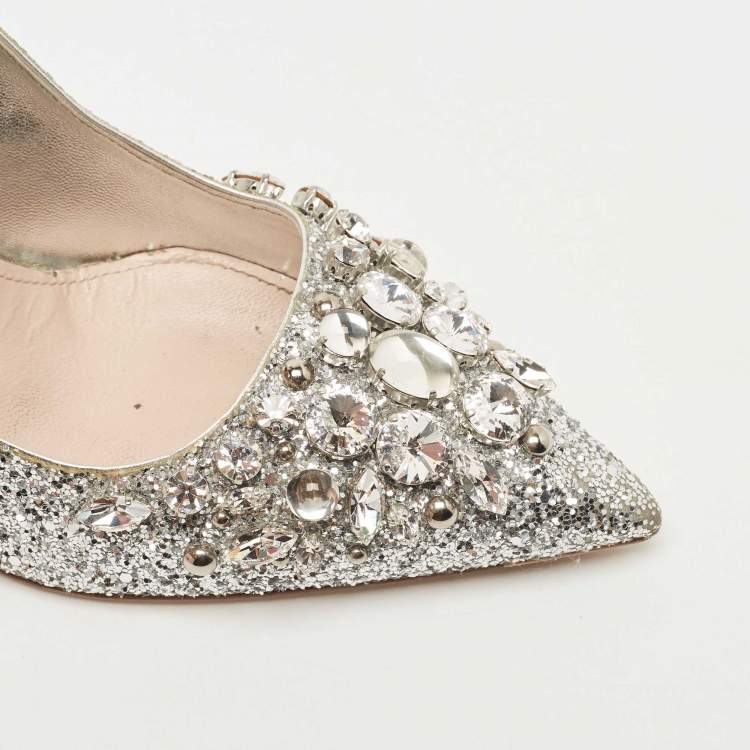 Pre Owned Miu Miu Silver Studded Glitter Pointed Toe Pumps Size 38.5