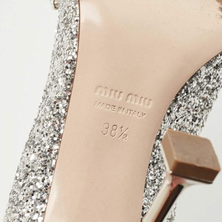 Pre Owned Miu Miu Silver Studded Glitter Pointed Toe Pumps Size 38.5