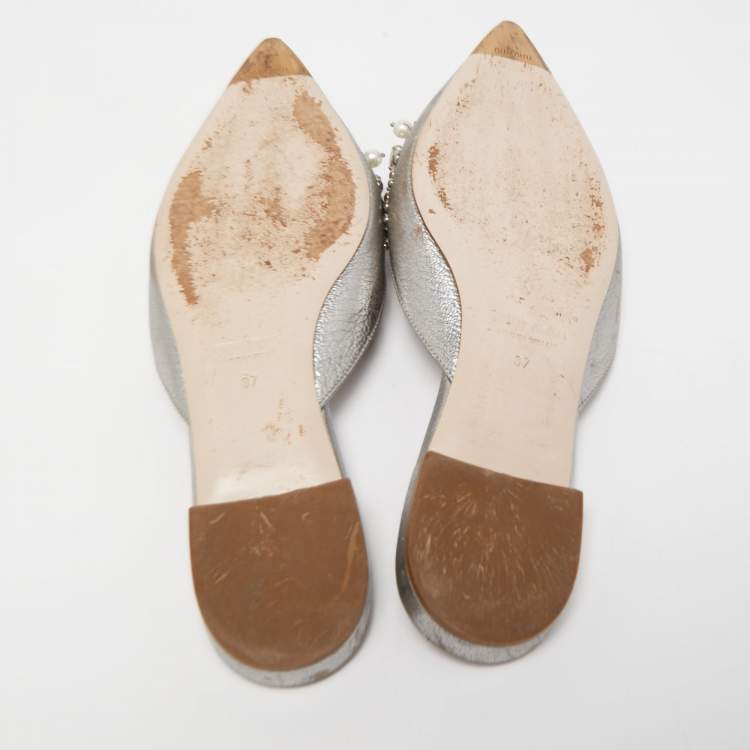 Pre Owned Miu Miu Grey Leather Embellished Flat Mules Size 37