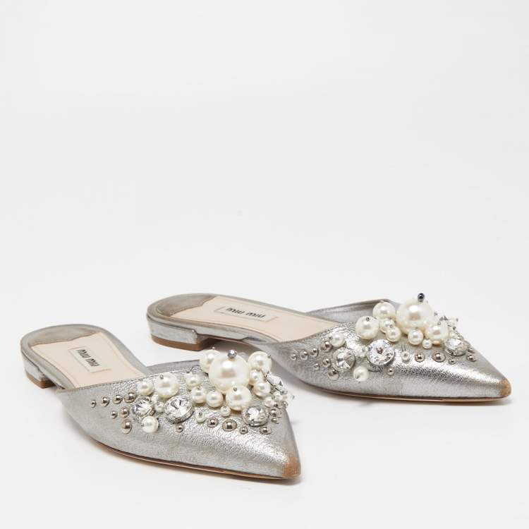 Pre Owned Miu Miu Grey Leather Embellished Flat Mules Size 37