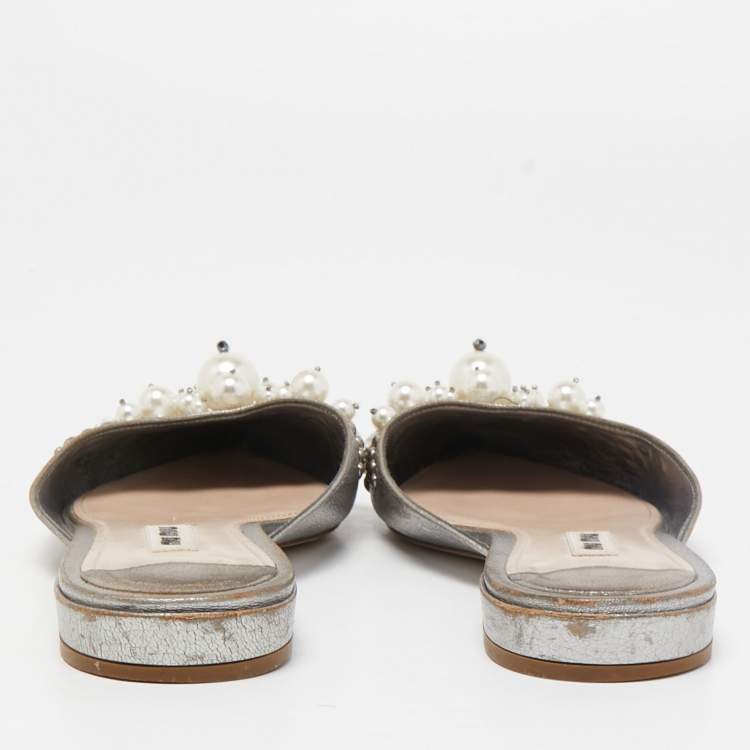 Pre Owned Miu Miu Grey Leather Embellished Flat Mules Size 37