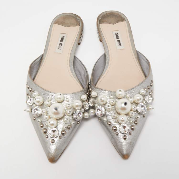 Pre Owned Miu Miu Grey Leather Embellished Flat Mules Size 37