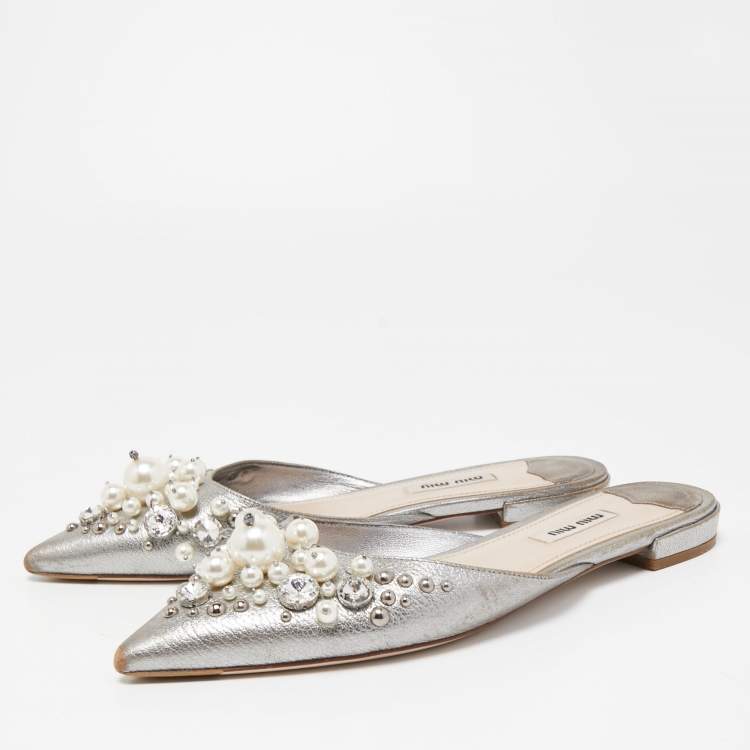 Pre Owned Miu Miu Grey Leather Embellished Flat Mules Size 37