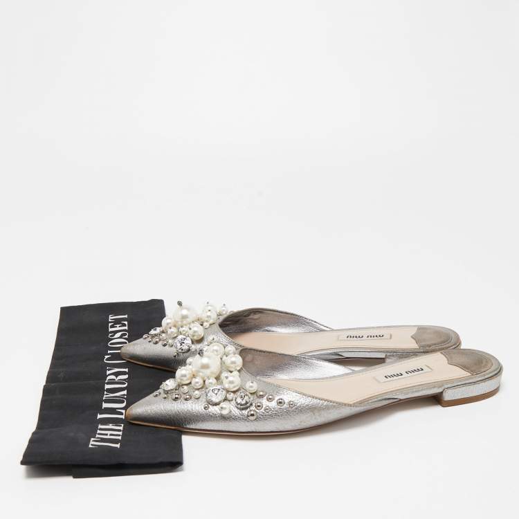 Pre Owned Miu Miu Grey Leather Embellished Flat Mules Size 37