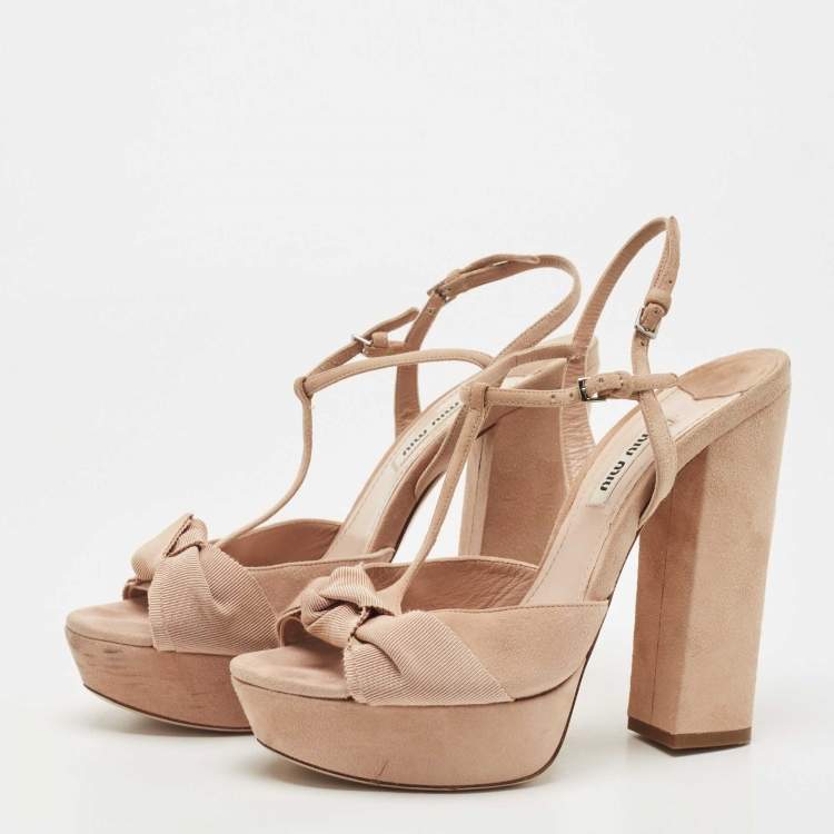 Pre Owned Miu Miu Beige Suede Platform Ankle Strap Sandals Size 38.5