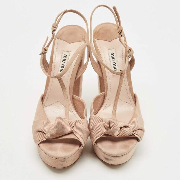 Pre Owned Miu Miu Beige Suede Platform Ankle Strap Sandals Size 38.5