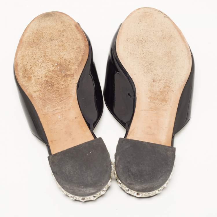 Pre Owned Miu Miu Black Patent Leather Bow Crystal Embellished Flat Slides Size 37