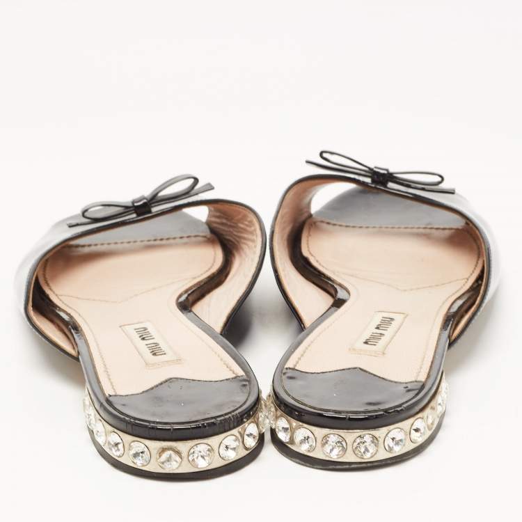 Pre Owned Miu Miu Black Patent Leather Bow Crystal Embellished Flat Slides Size 37