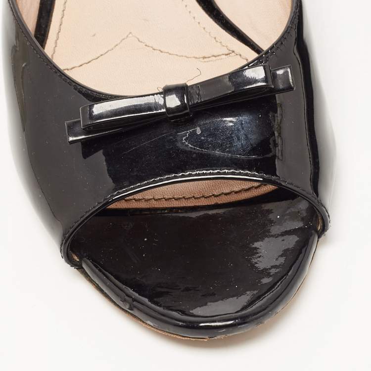 Pre Owned Miu Miu Black Patent Leather Bow Crystal Embellished Flat Slides Size 37