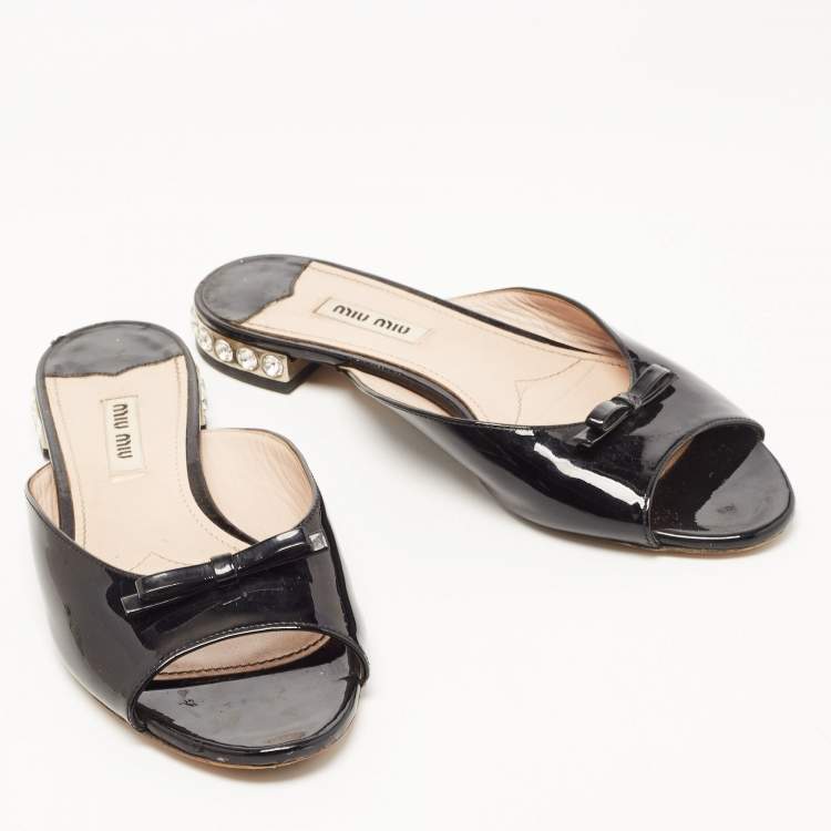 Pre Owned Miu Miu Black Patent Leather Bow Crystal Embellished Flat Slides Size 37