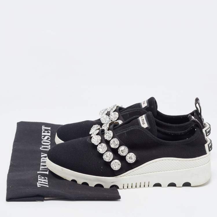 Pre Owned Miu Miu Black Knit Fabric  Double Band Crystal Sneakers Size 40