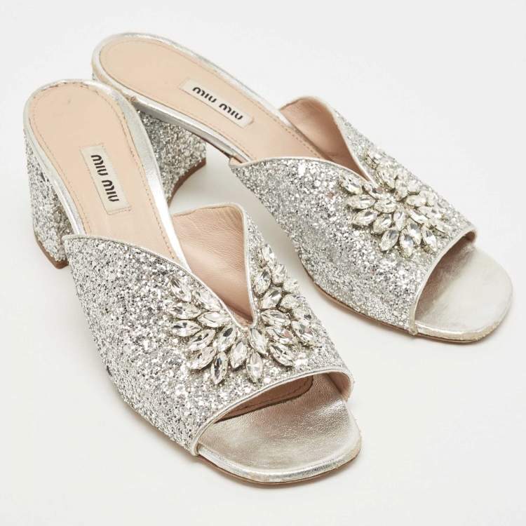Pre Owned Miu Miu Silver Coarse Glitter Crystal Embellished Mules Size 40