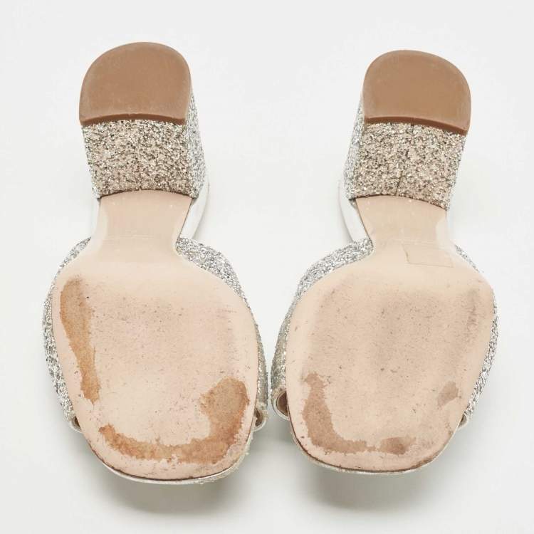 Pre Owned Miu Miu Silver Coarse Glitter Crystal Embellished Mules Size 40