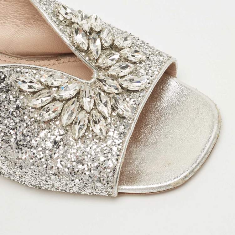 Pre Owned Miu Miu Silver Coarse Glitter Crystal Embellished Mules Size 40