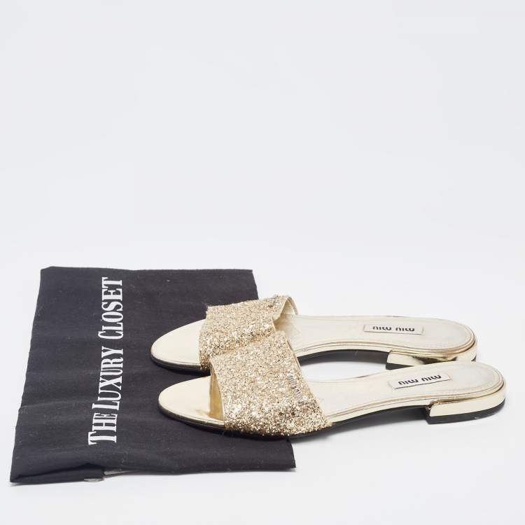 Pre Owned Miu Miu Gold Coarse Glitter Flat Slides Size 35