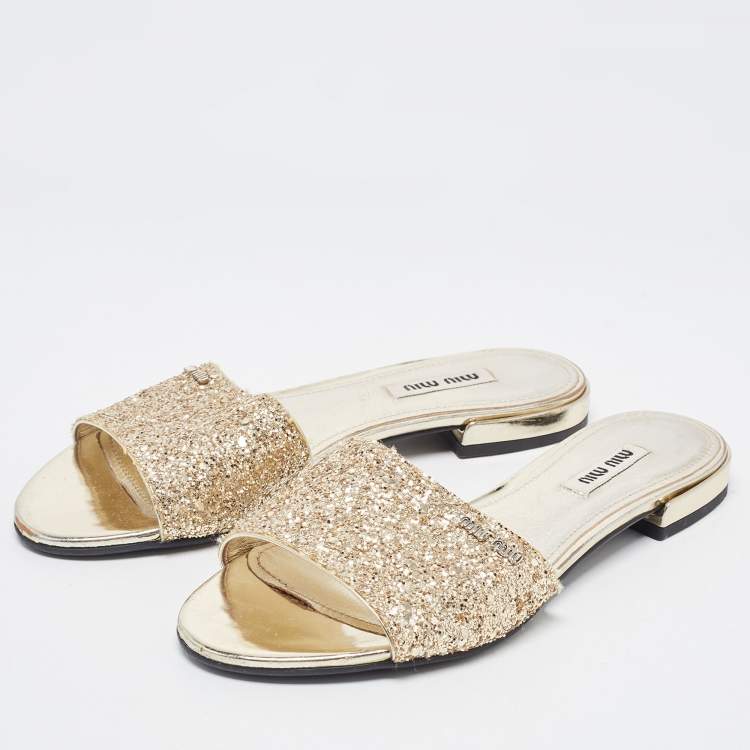 Pre Owned Miu Miu Gold Coarse Glitter Flat Slides Size 35