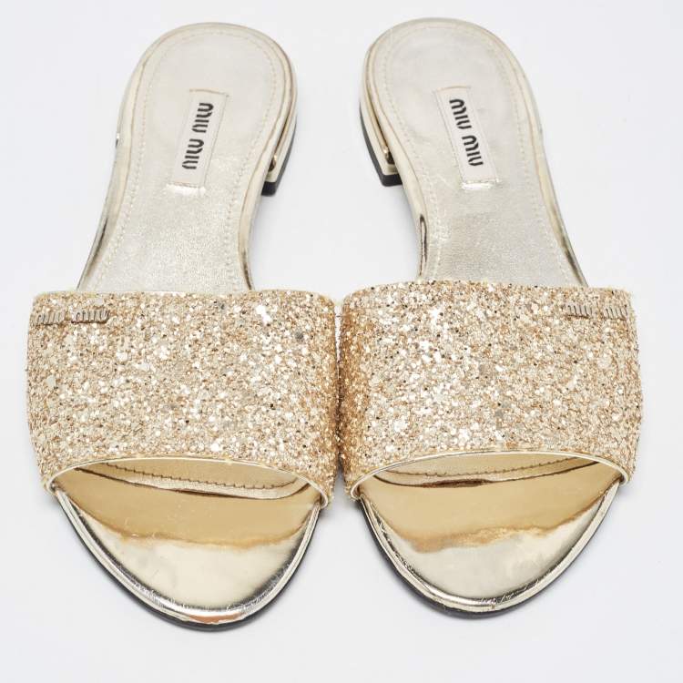 Pre Owned Miu Miu Gold Coarse Glitter Flat Slides Size 35