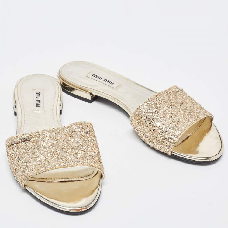 Pre Owned Miu Miu Gold Coarse Glitter Flat Slides Size 35