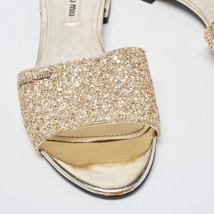 Pre Owned Miu Miu Gold Coarse Glitter Flat Slides Size 35