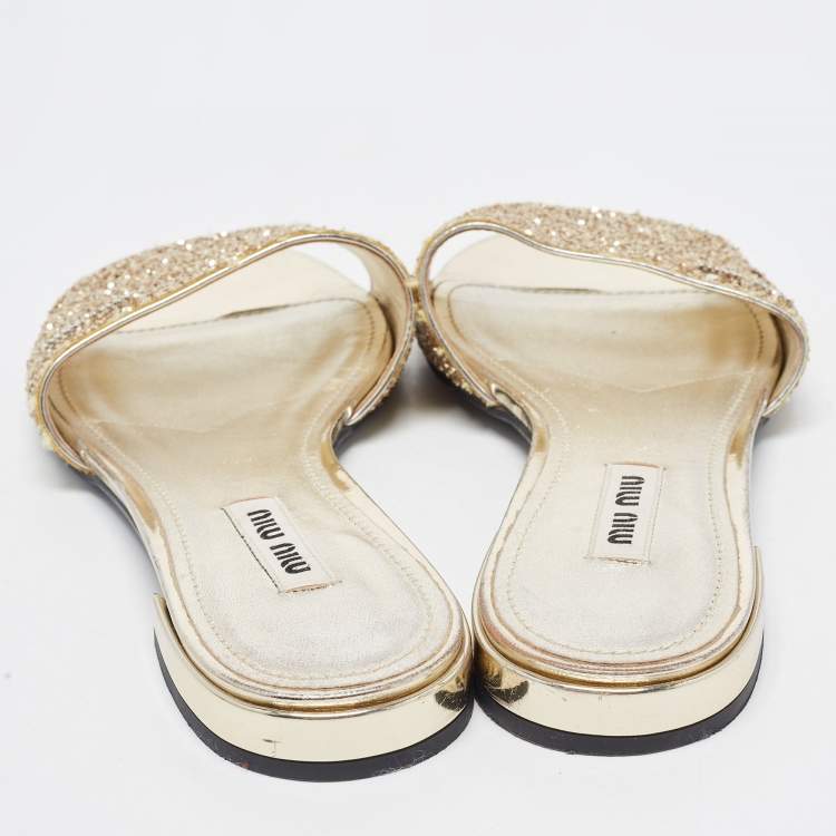 Pre Owned Miu Miu Gold Coarse Glitter Flat Slides Size 35