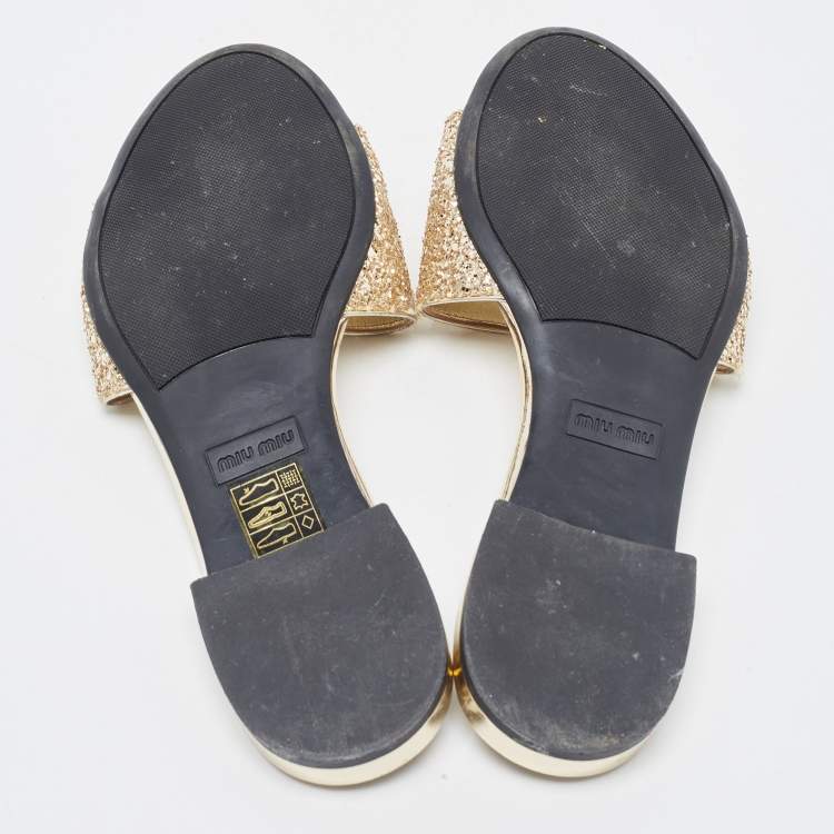 Pre Owned Miu Miu Gold Coarse Glitter Flat Slides Size 35