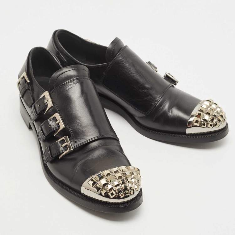 Pre Owned Miu Miu Black Leather Studded Cap Toe Monk Strap Derby Size 37