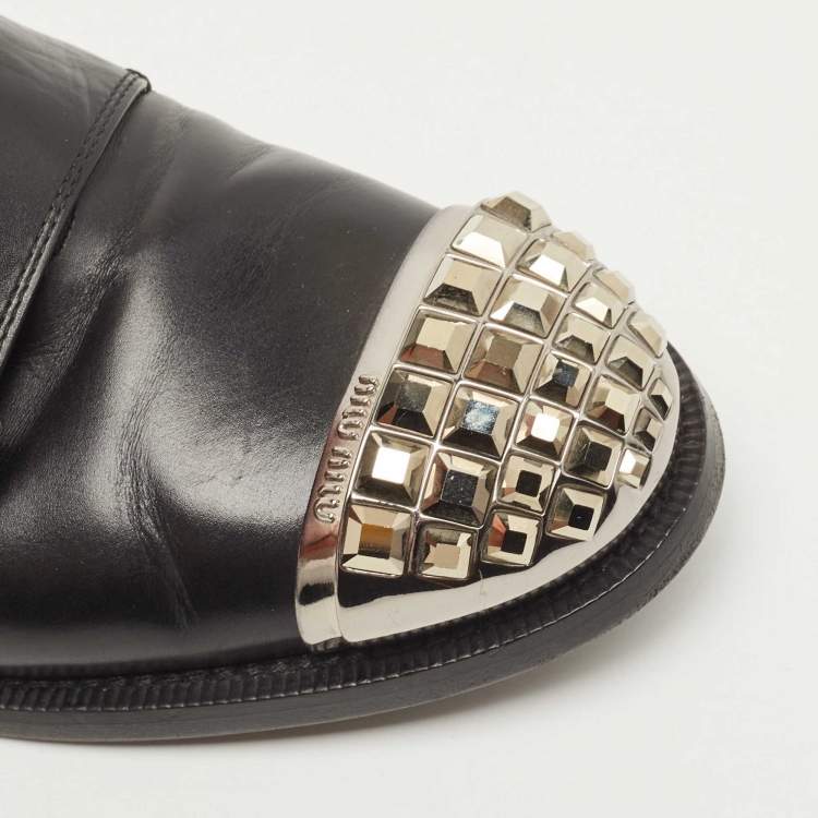 Pre Owned Miu Miu Black Leather Studded Cap Toe Monk Strap Derby Size 37