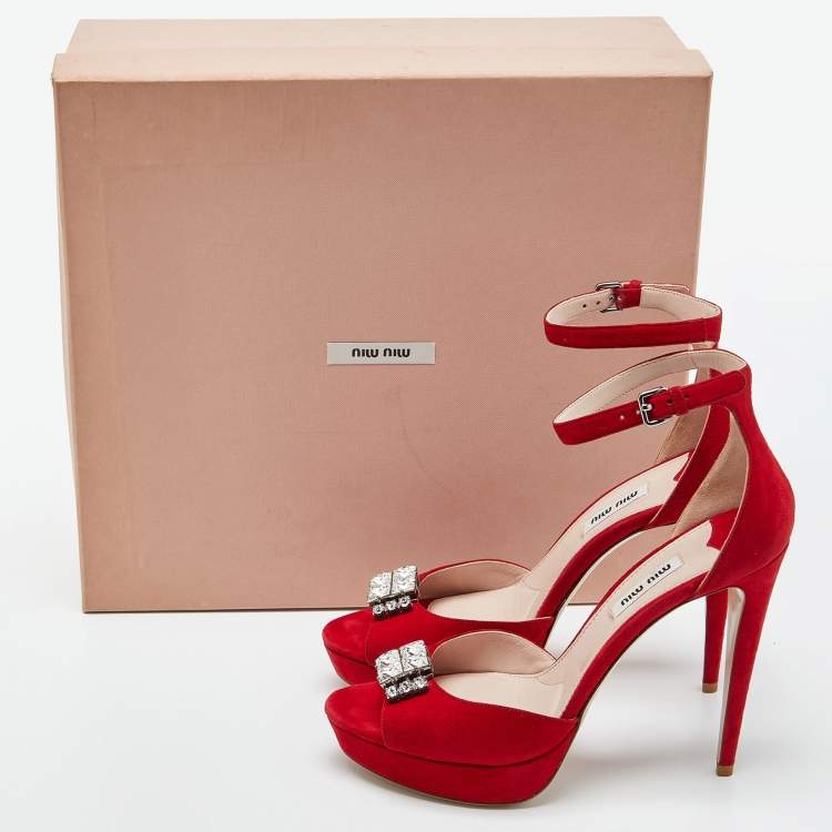 Pre Owned Miu Miu Red Suede Crystal Embellished Ankle Strap  Sandals Size 39