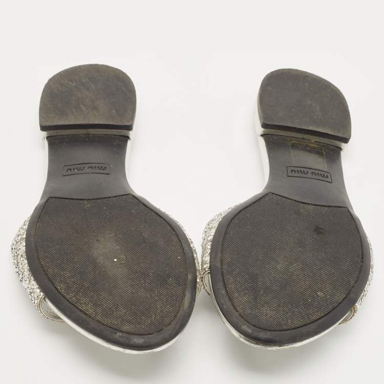 Pre Owned Miu Miu Silver Glitter Flat Slides Size 35