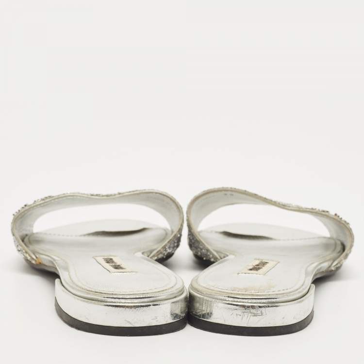 Pre Owned Miu Miu Silver Glitter Flat Slides Size 35