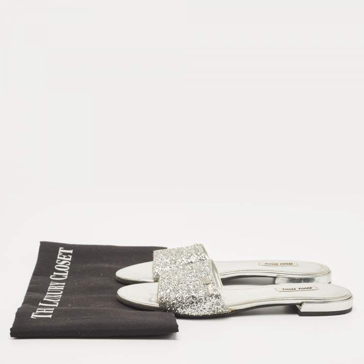 Pre Owned Miu Miu Silver Glitter Flat Slides Size 35