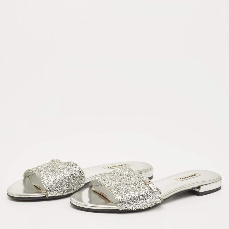 Pre Owned Miu Miu Silver Glitter Flat Slides Size 35