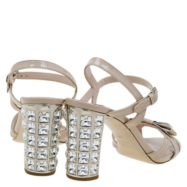 Pre Owned Miu Miu Beige Patent Crystal Heel Sandals Size 38.5