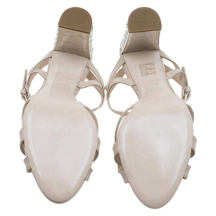 Pre Owned Miu Miu Beige Patent Crystal Heel Sandals Size 38.5