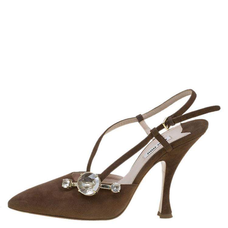Pre Owned Miu Miu Brown Suede Jewel Embellished Strappy Sandals Size 39