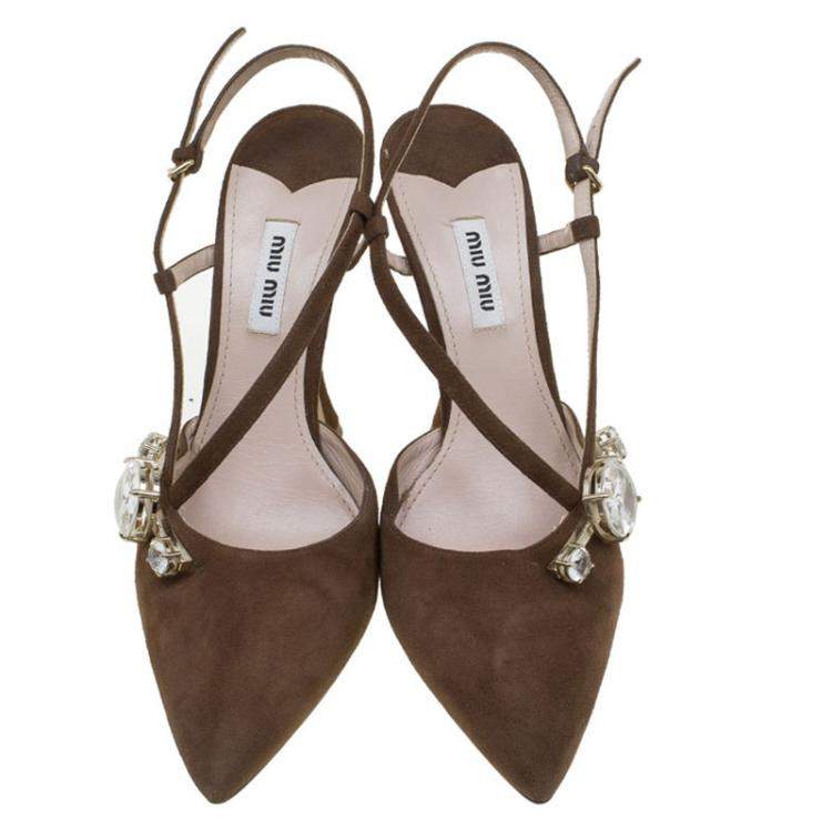 Pre Owned Miu Miu Brown Suede Jewel Embellished Strappy Sandals Size 39