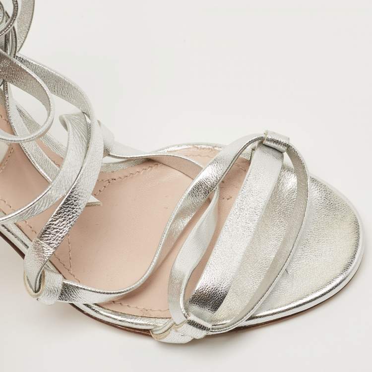 Pre Owned Miu Miu Silver Leather Ankle Wrap Sandals Size 36