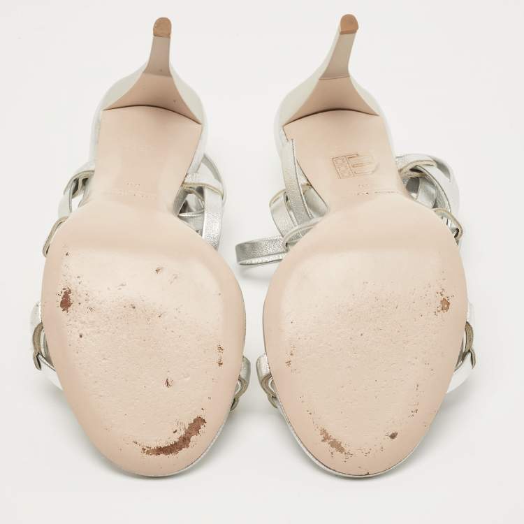 Pre Owned Miu Miu Silver Leather Ankle Wrap Sandals Size 36
