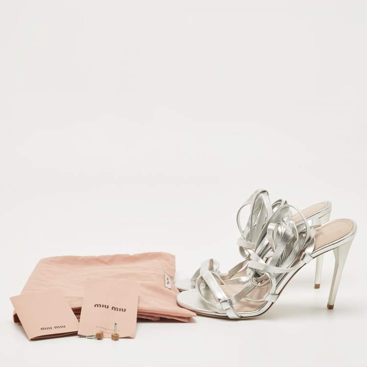 Pre Owned Miu Miu Silver Leather Ankle Wrap Sandals Size 36