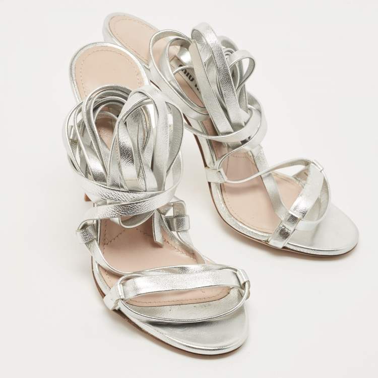 Pre Owned Miu Miu Silver Leather Ankle Wrap Sandals Size 36