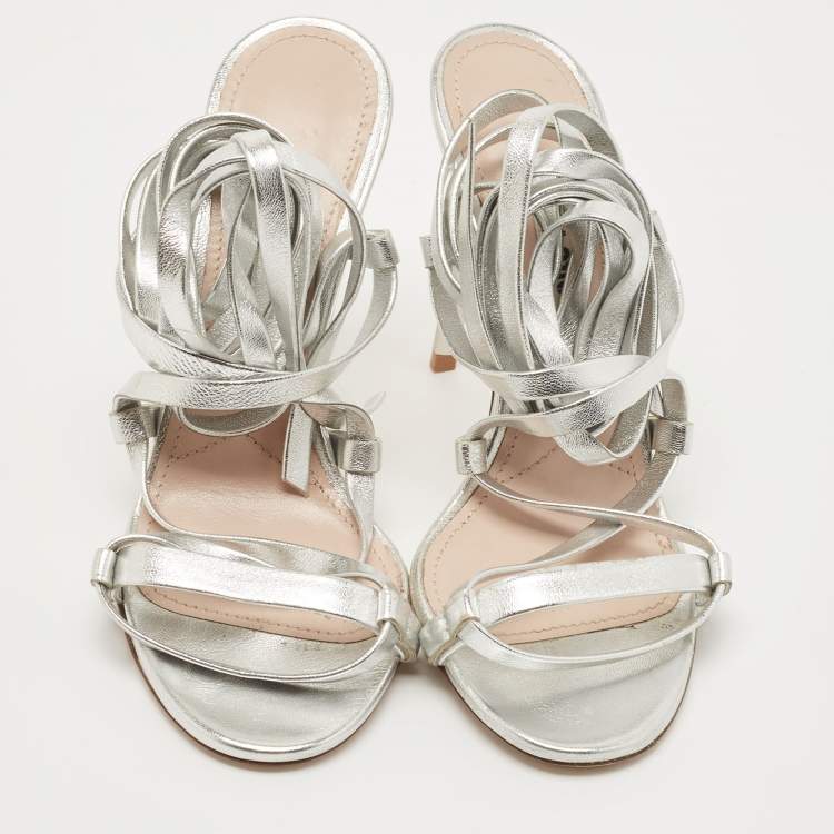 Pre Owned Miu Miu Silver Leather Ankle Wrap Sandals Size 36