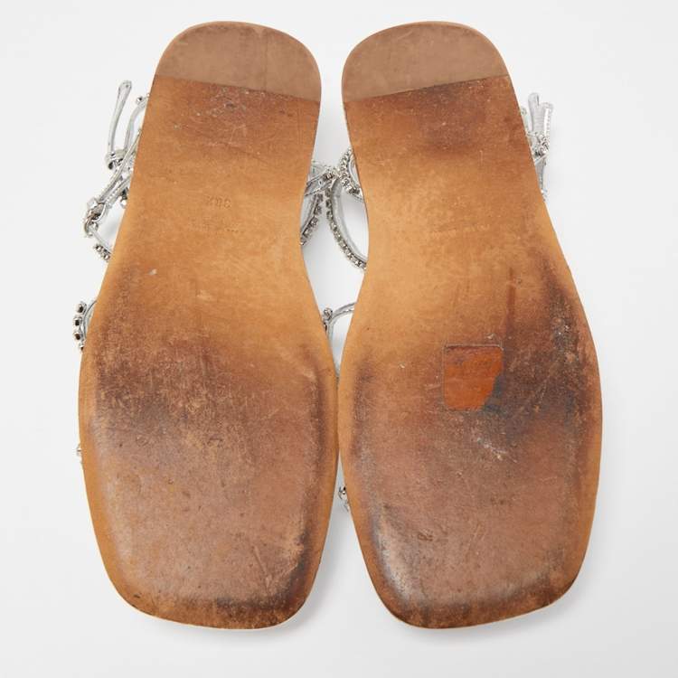 Pre Owned Miu Miu Silver Leather Crystal Embellished Flat Sandals Size 38.5