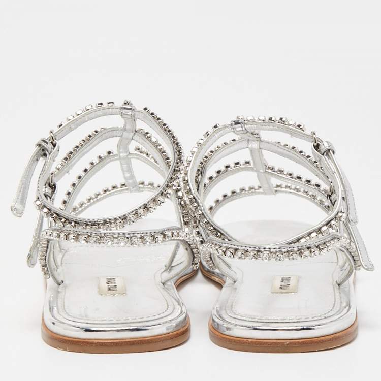 Pre Owned Miu Miu Silver Leather Crystal Embellished Flat Sandals Size 38.5