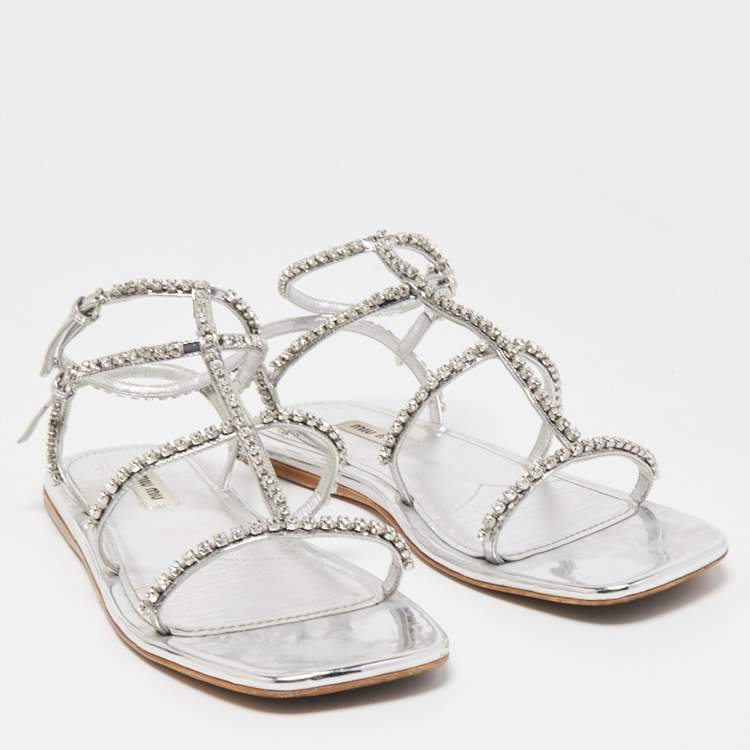 Pre Owned Miu Miu Silver Leather Crystal Embellished Flat Sandals Size 38.5