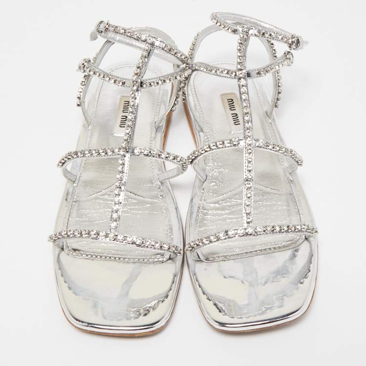 Pre Owned Miu Miu Silver Leather Crystal Embellished Flat Sandals Size 38.5