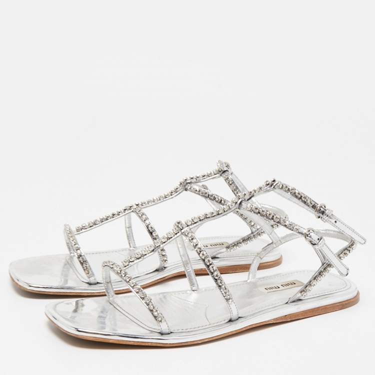 Pre Owned Miu Miu Silver Leather Crystal Embellished Flat Sandals Size 38.5